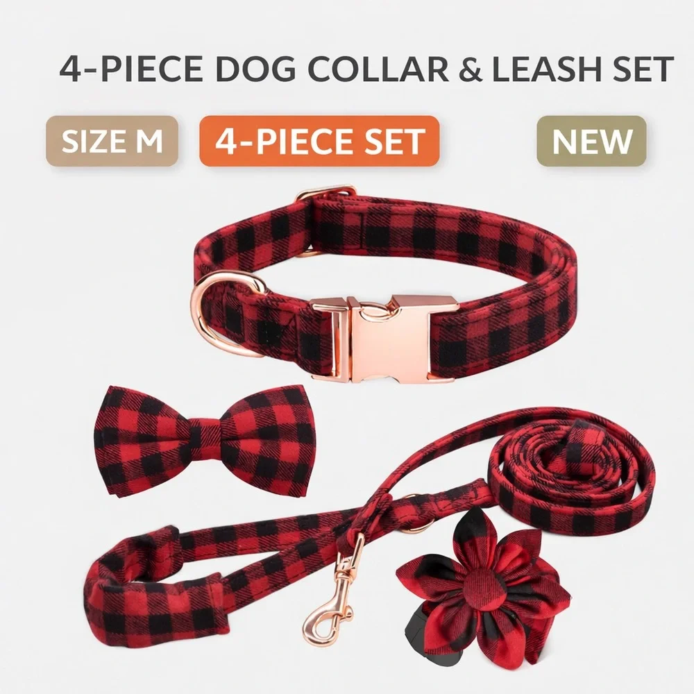Buffalo Plaid Dog Collar Leash Set Medium Bow Tie Flower 4pc NWT